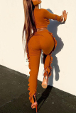 Orange Sexy Casual Solid Hollowed Out V Neck Long Sleeve Two Pieces