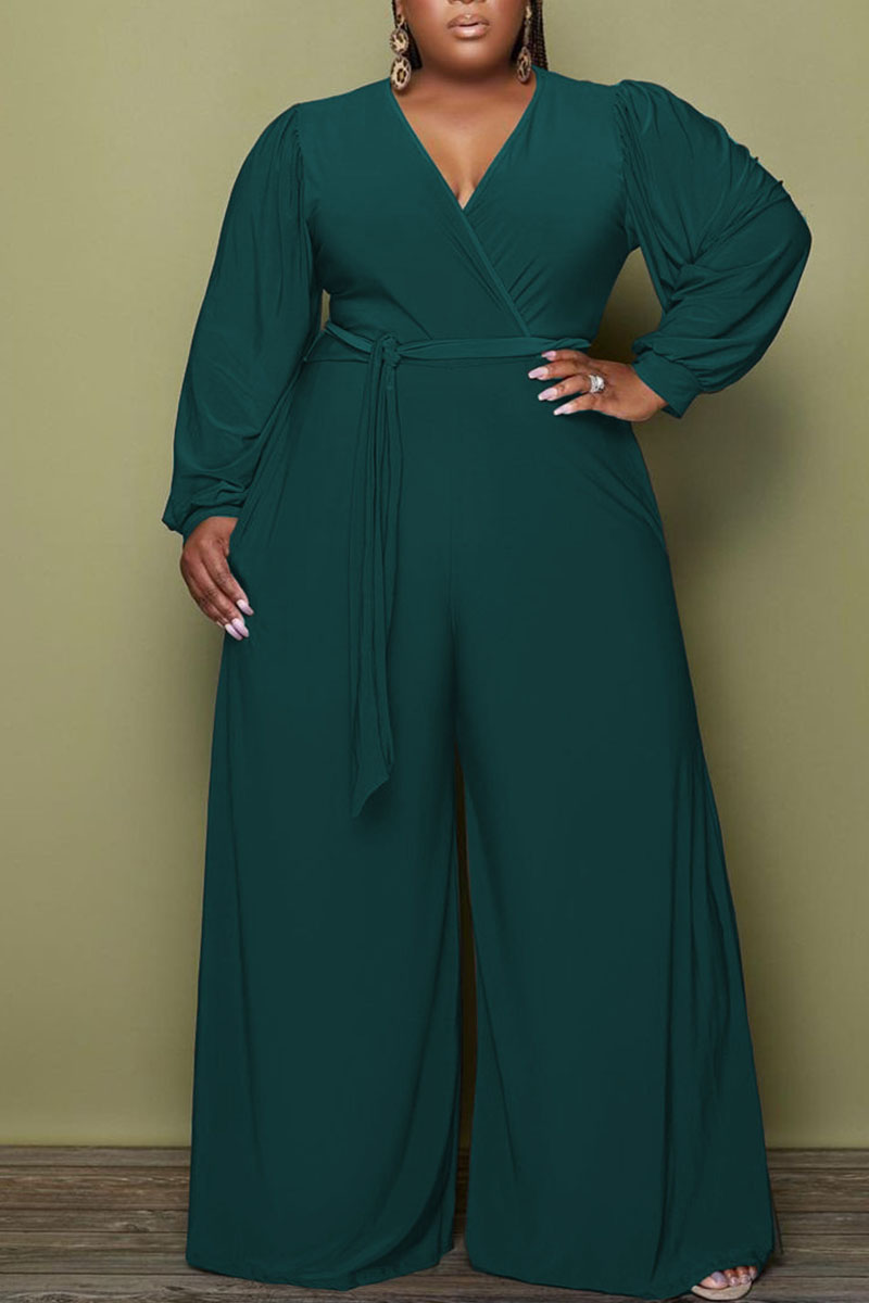 Ink Green Casual Solid Bandage Patchwork V Neck Plus Size Jumpsuits ...