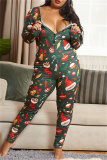 Red Fashion Casual Print Basic V Neck Plus Size Jumpsuits