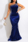Blue Sexy Patchwork Hot Drilling See-through Backless One Shoulder Evening Dress