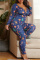 Ink Green Fashion Casual Print Basic V Neck Plus Size Jumpsuits