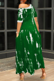Green Fashion Casual Lips Printed Asymmetrical Oblique Collar Short Sleeve Dress