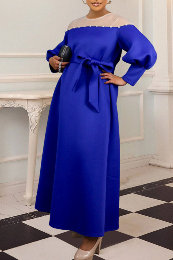 Blue Elegant Solid Patchwork Beading O Neck A Line Dresses