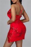 Red Fashion Sexy Patchwork Sequins V Neck Sling Dress