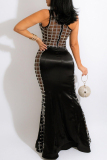 Black Sexy Patchwork Hot Drilling See-through Backless One Shoulder Evening Dress