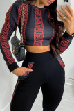 Black Fashion Casual Print Patchwork O Neck Long Sleeve Two Pieces