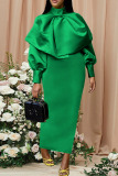 Green Elegant Solid Patchwork Fold With Bow Zipper Turtleneck Evening Dress Dresses