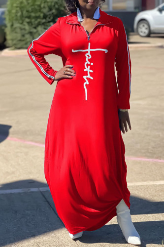 Red Casual British Style Print Patchwork Zipper Collar Straight Plus Size Dresses