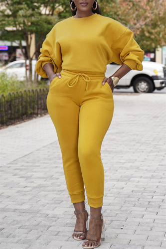 Yellow Fashion Casual Solid Basic O Neck Long Sleeve Two Pieces