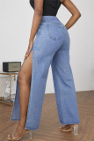 Medium Blue Fashion Casual Solid Slit High Waist Regular Denim Jeans
