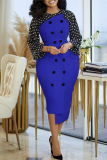 Blue Fashion Casual Patchwork Asymmetrical O Neck Long Sleeve Plus Size Dresses