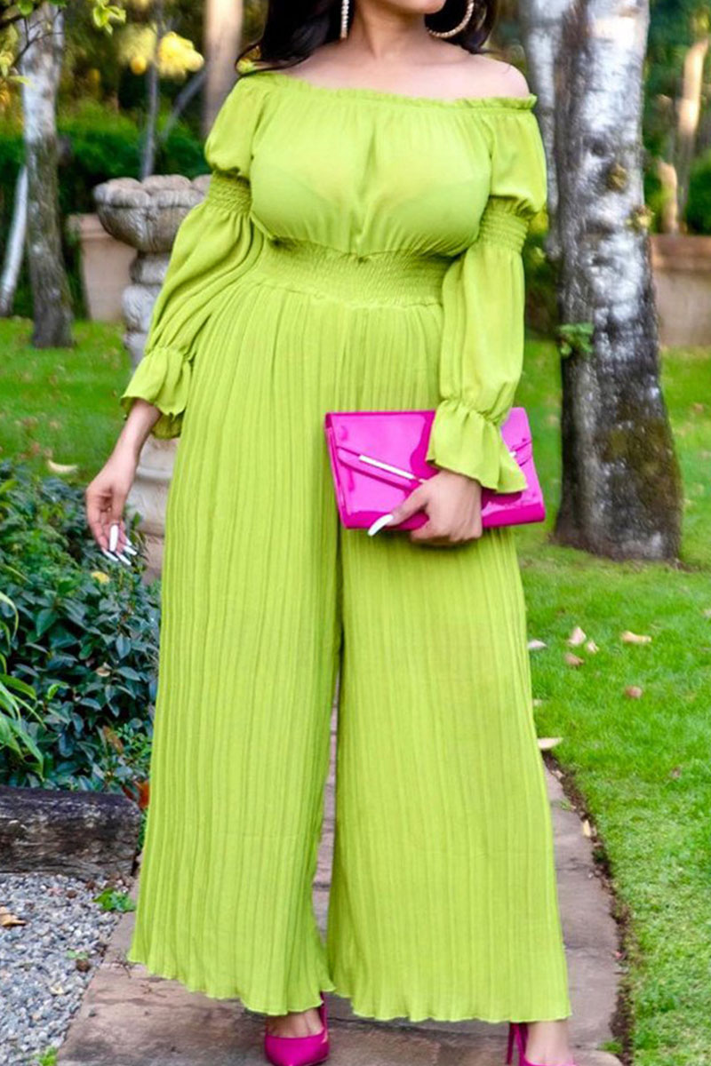 

Green Yellow Casual Sweet Solid Split Joint Fold Off the Shoulder Loose Jumpsuits