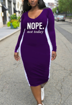 Purple Casual Print Letter O Neck Plus Size Dresses