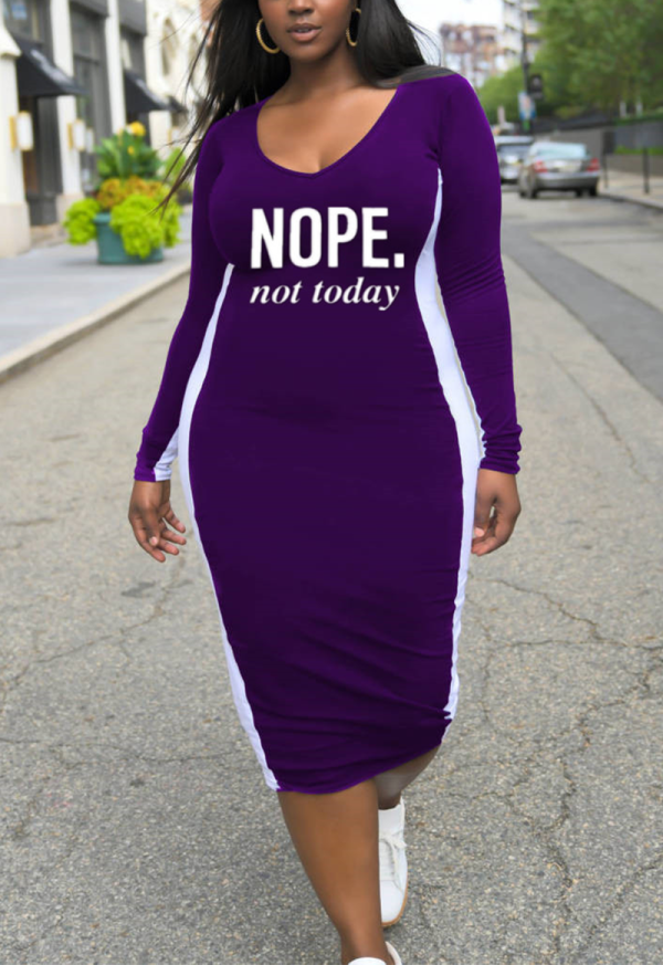 Purple Casual Print Letter O Neck Plus Size Dresses