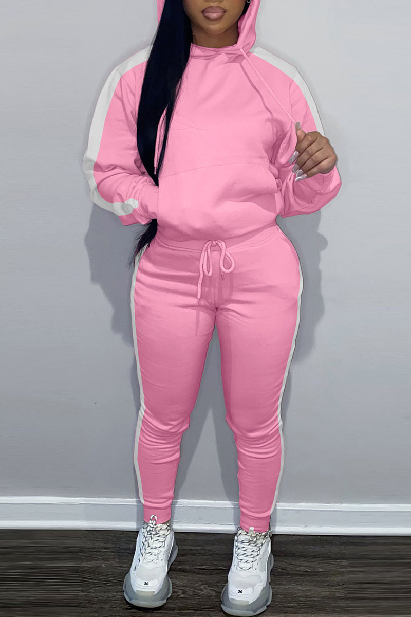 

Pink Casual Solid Patchwork Hooded Collar Plus Size Two Pieces