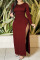Burgundy Sexy Solid Bandage Hollowed Out Patchwork Backless Slit O Neck Straight Dresses