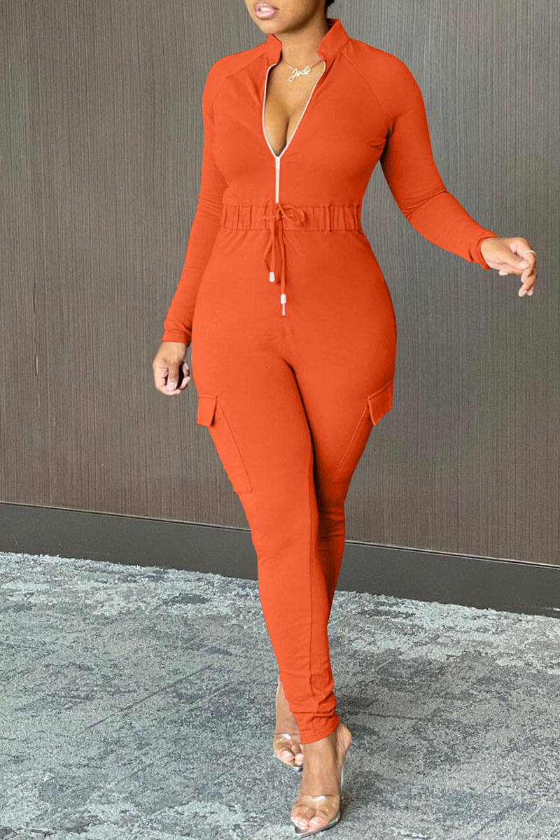 

Tangerine Red Casual Solid Patchwork Draw String Pocket Zipper Collar Regular Jumpsuits