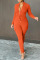 Tangerine Red Casual Solid Patchwork Draw String Pocket Zipper Collar Regular Jumpsuits