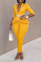 Yellow Work Solid Flounce V Neck Half Sleeve Two Pieces (not with Belt)