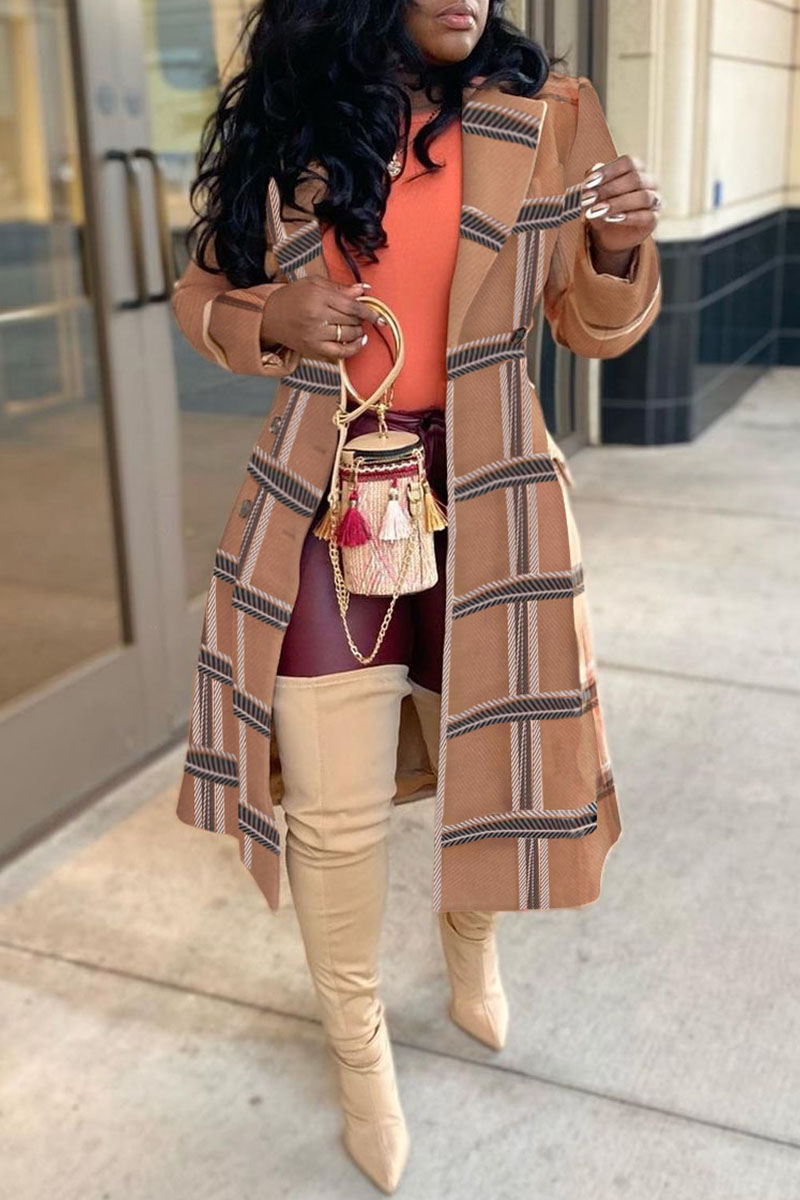 

Brown Fashion Street Plaid Split Joint Turndown Collar Outerwear