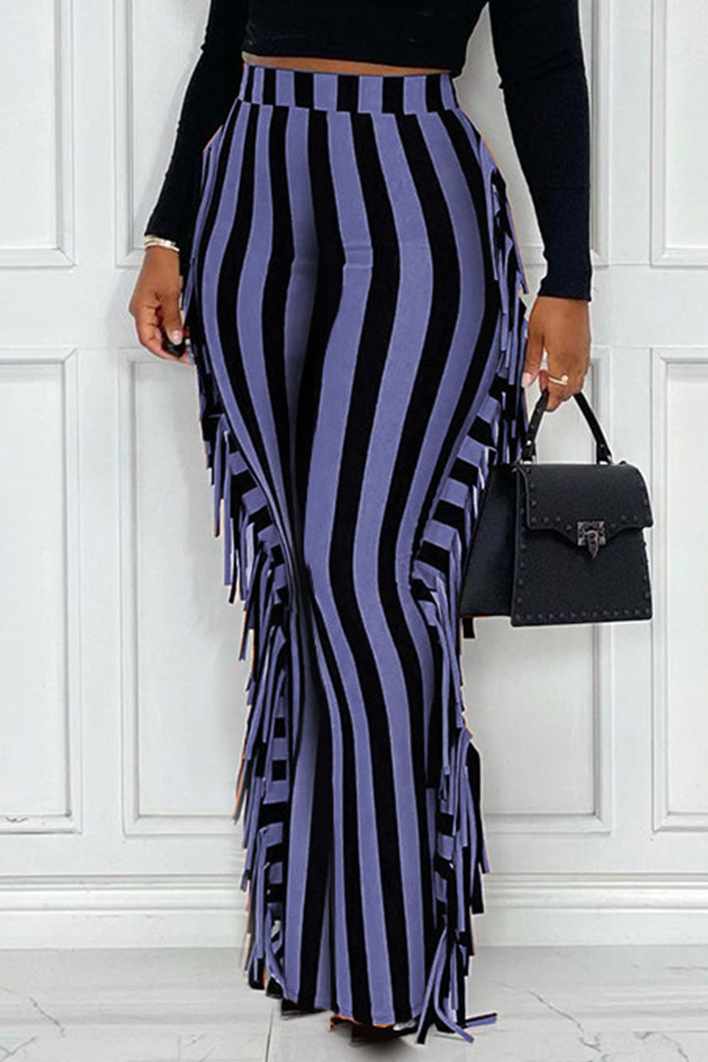 

Purple Casual Street Striped Print Tassel Patchwork Plus Size