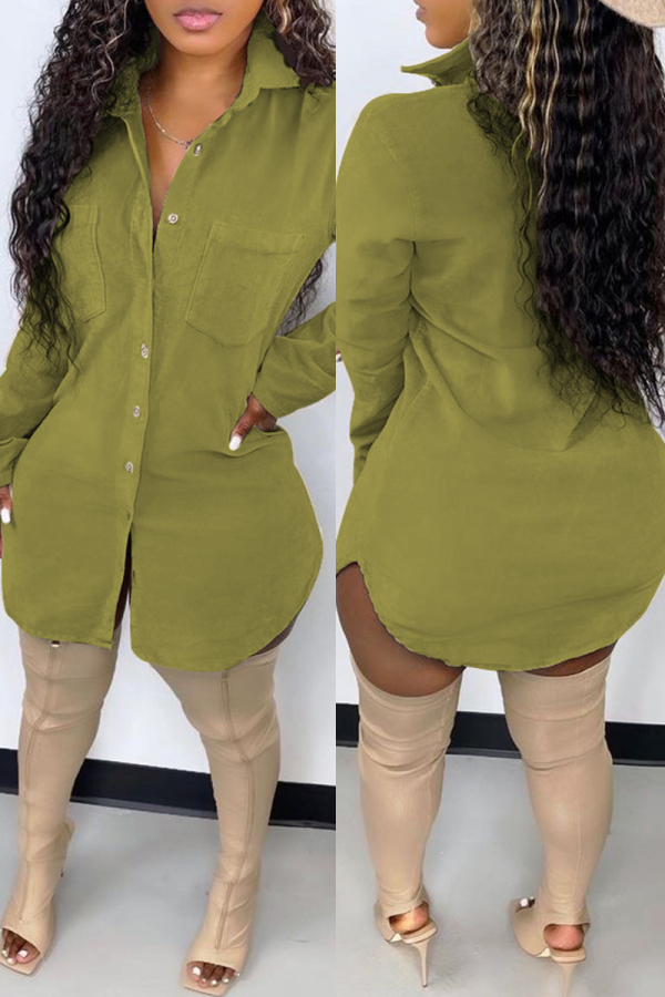 Green Fashion Casual Solid Basic Turndown Collar Long Sleeve Dresses