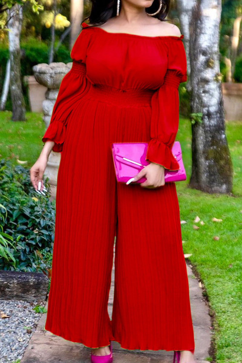 

Red Casual Sweet Solid Patchwork Fold Off the Shoulder Loose Jumpsuits