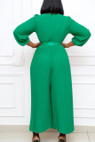 Green Casual Elegant Solid Patchwork With Belt O Neck Straight Jumpsuits
