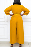 Yellow Casual Elegant Solid Patchwork With Belt O Neck Straight Jumpsuits