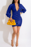 Blue Fashion Sexy Solid Fold Turndown Collar Long Sleeve Dresses