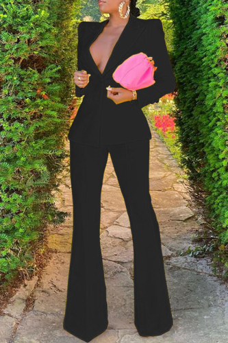 Black Fashion Casual Solid Cardigan Pants Turndown Collar Long Sleeve Two Pieces