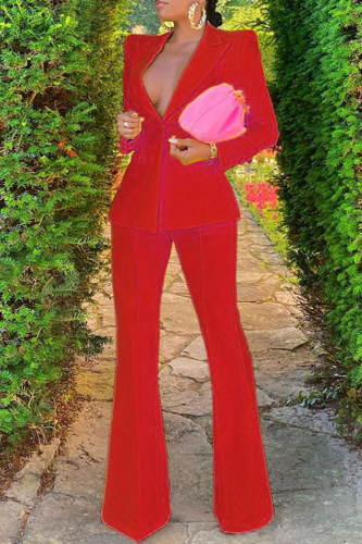 Red Fashion Casual Solid Cardigan Pants Turndown Collar Long Sleeve Two Pieces