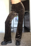 Black Fashion Casual Print Leopard Basic Regular High Waist Trousers
