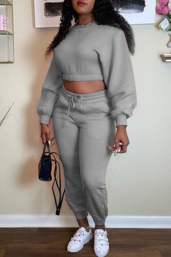 Grey Fashion Casual Solid Basic O Neck Long Sleeve Two Pieces