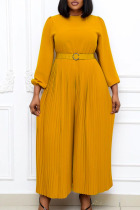Yellow Casual Elegant Solid Split Joint With Belt O Neck Straight Jumpsuits