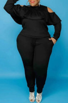 Black Fashion Casual Solid Hollowed Out O Neck Plus Size Two Pieces