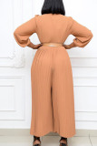 Khaki Casual Elegant Solid Patchwork With Belt O Neck Straight Jumpsuits