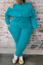 Blue Fashion Casual Solid Hollowed Out O Neck Plus Size Two Pieces