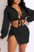 Black Fashion Sexy Solid Bandage Turndown Collar Long Sleeve Two Pieces