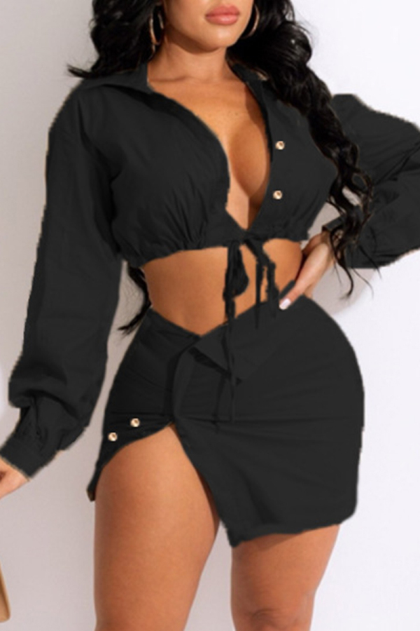Black Fashion Sexy Solid Bandage Turndown Collar Long Sleeve Two Pieces