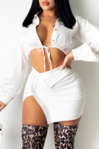 White Fashion Sexy Solid Bandage Turndown Collar Long Sleeve Two Pieces