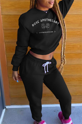 Black Fashion Casual Letter Print Basic O Neck Long Sleeve Two Pieces