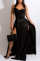 Black Fashion Sexy Solid Bandage Backless Slit Spaghetti Strap Long Dress