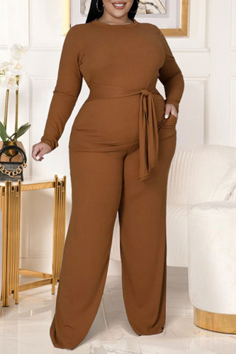 Coffee Casual Solid Bandage Patchwork O Neck Plus Size Two Pieces