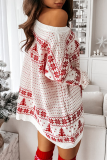 Red Casual Wapiti Snowflakes Christmas Tree Printed Patchwork Contrast O Neck Dresses Sweater