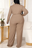 Khaki Casual Solid Bandage Patchwork O Neck Plus Size Two Pieces