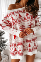 White Casual Wapiti Snowflakes Christmas Tree Printed Patchwork Contrast O Neck Dresses Sweater