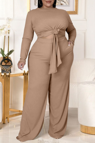 Khaki Casual Solid Bandage Patchwork O Neck Plus Size Two Pieces