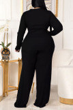 Coffee Casual Solid Bandage Patchwork O Neck Plus Size Two Pieces