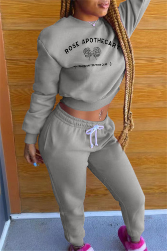 Grey Fashion Casual Letter Print Basic O Neck Long Sleeve Two Pieces